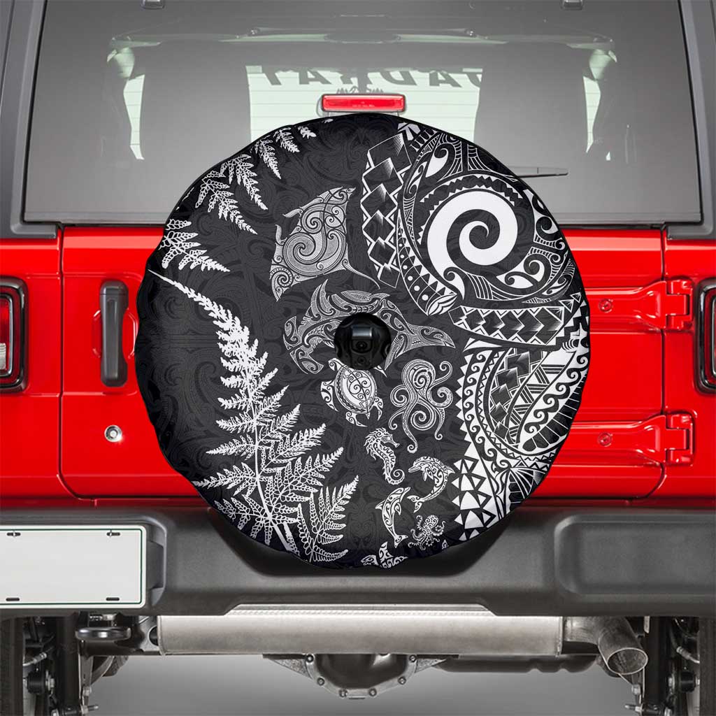 New Zealand Sea Animals Spare Tire Cover with Maori Koru Tribal Tattoo and Silver Ferns Black Color