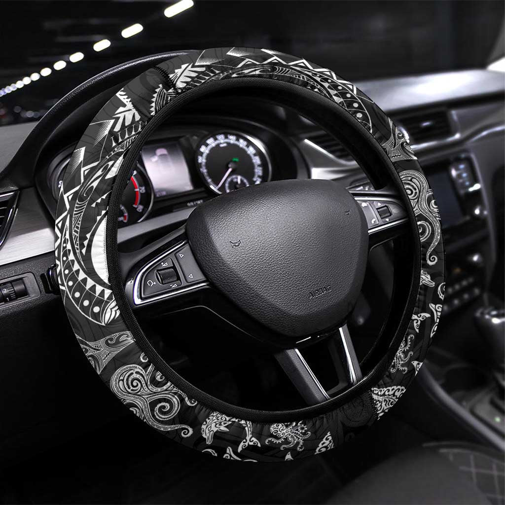 New Zealand Sea Animals Steering Wheel Cover with Maori Koru Tribal Tattoo and Silver Ferns Black Color