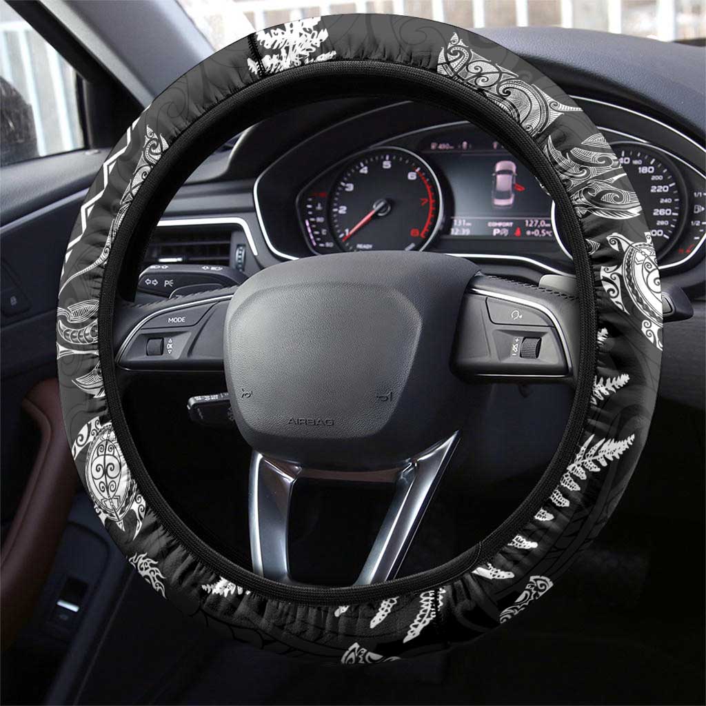 New Zealand Sea Animals Steering Wheel Cover with Maori Koru Tribal Tattoo and Silver Ferns Black Color