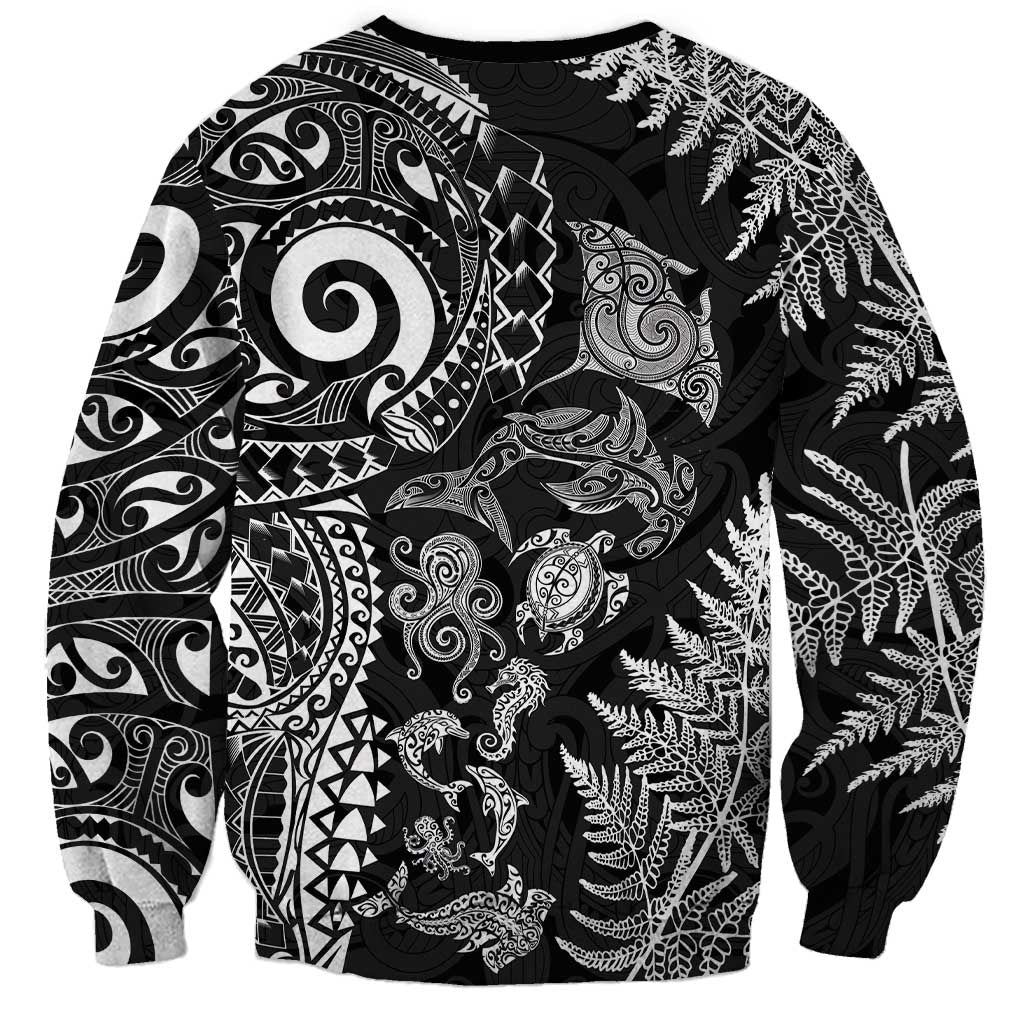 New Zealand Sea Animals Sweatshirt with Maori Koru Tribal Tattoo and Silver Ferns Black Color