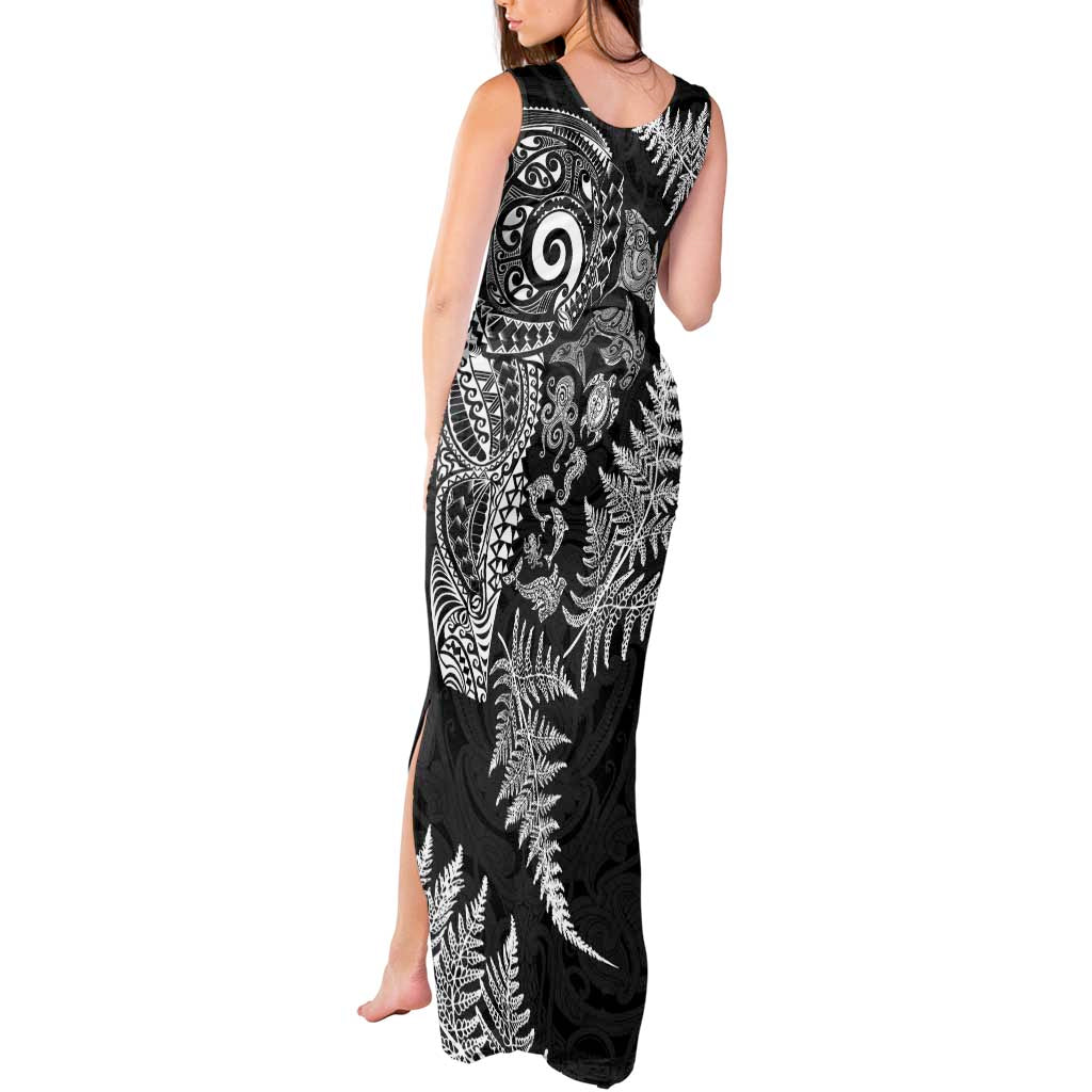 New Zealand Sea Animals Tank Maxi Dress with Maori Koru Tribal Tattoo and Silver Ferns Black Color LT03 - Polynesian Pride