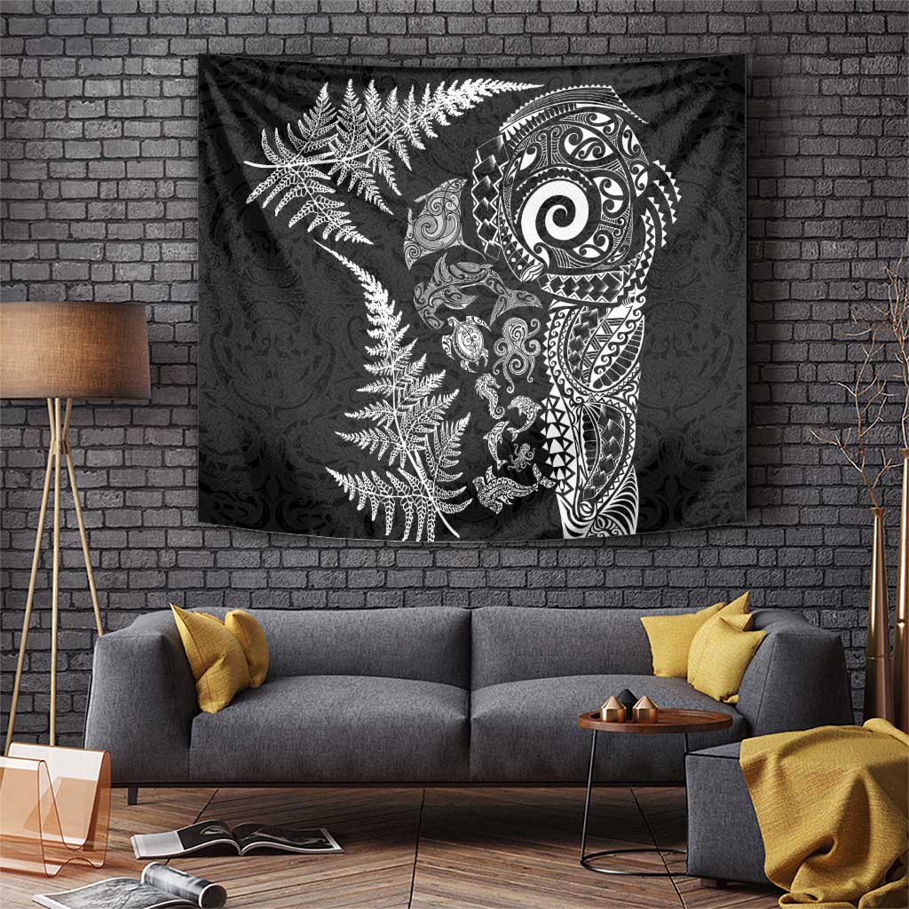 New Zealand Sea Animals Tapestry with Maori Koru Tribal Tattoo and Silver Ferns Black Color