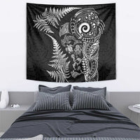 New Zealand Sea Animals Tapestry with Maori Koru Tribal Tattoo and Silver Ferns Black Color