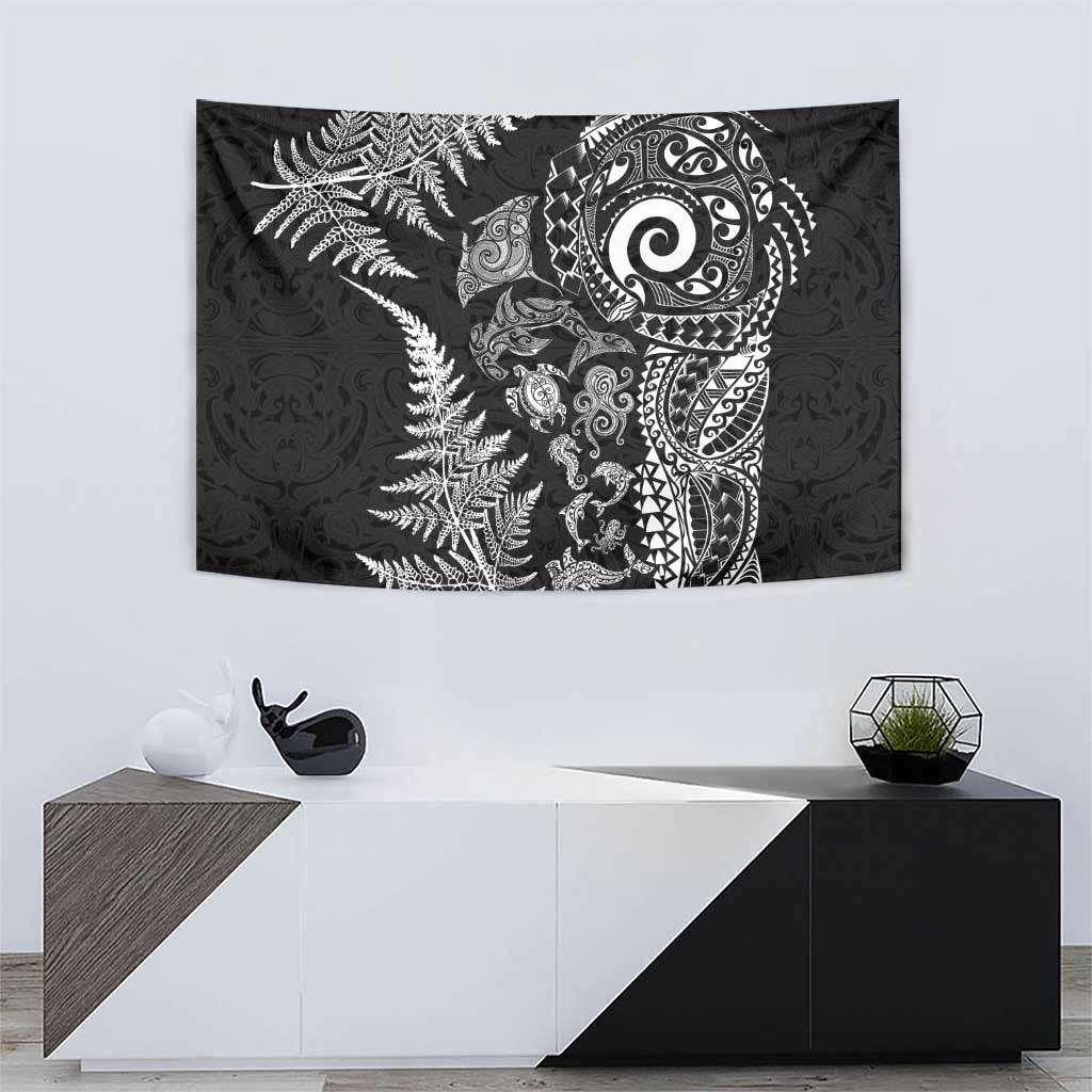 New Zealand Sea Animals Tapestry with Maori Koru Tribal Tattoo and Silver Ferns Black Color