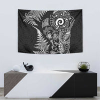 New Zealand Sea Animals Tapestry with Maori Koru Tribal Tattoo and Silver Ferns Black Color