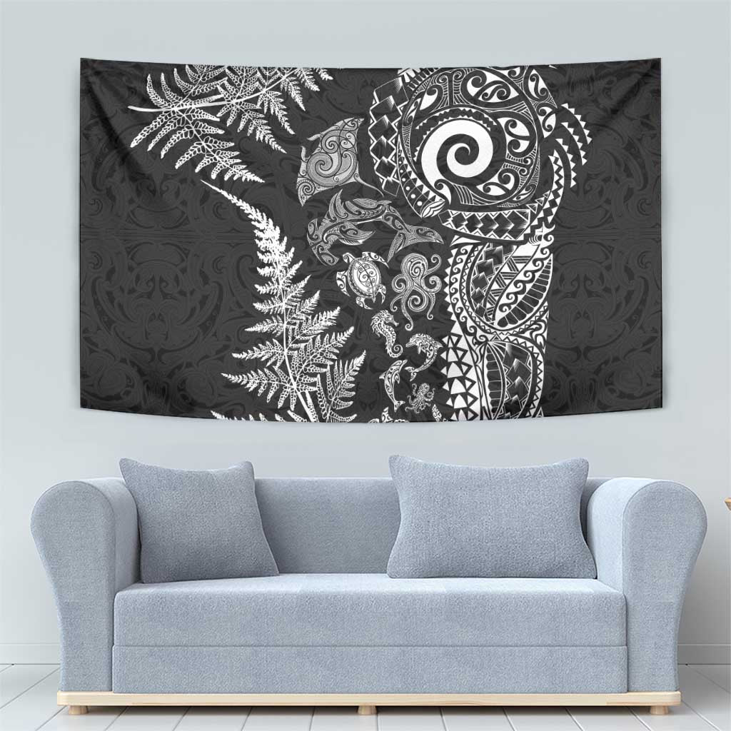 New Zealand Sea Animals Tapestry with Maori Koru Tribal Tattoo and Silver Ferns Black Color