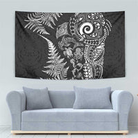 New Zealand Sea Animals Tapestry with Maori Koru Tribal Tattoo and Silver Ferns Black Color