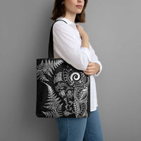 New Zealand Sea Animals Tote Bag with Maori Koru Tribal Tattoo and Silver Ferns Black Color