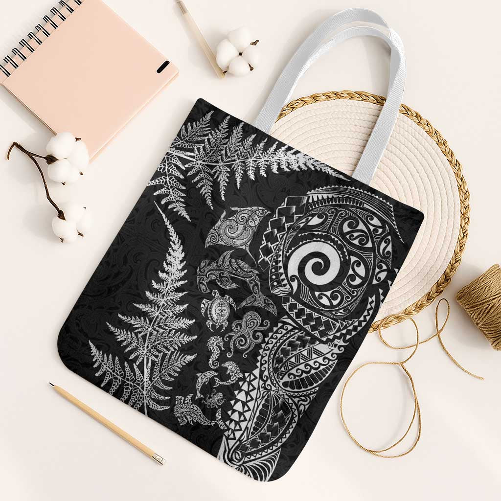 New Zealand Sea Animals Tote Bag with Maori Koru Tribal Tattoo and Silver Ferns Black Color
