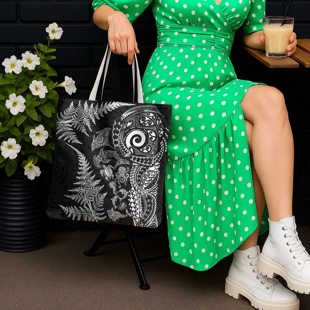 New Zealand Sea Animals Tote Bag with Maori Koru Tribal Tattoo and Silver Ferns Black Color