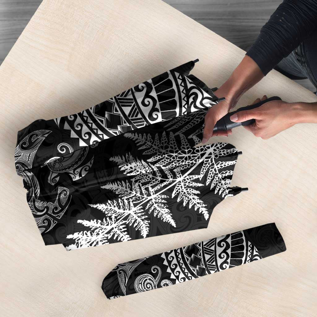 New Zealand Sea Animals Umbrella with Maori Koru Tribal Tattoo and Silver Ferns Black Color