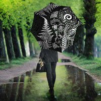 New Zealand Sea Animals Umbrella with Maori Koru Tribal Tattoo and Silver Ferns Black Color