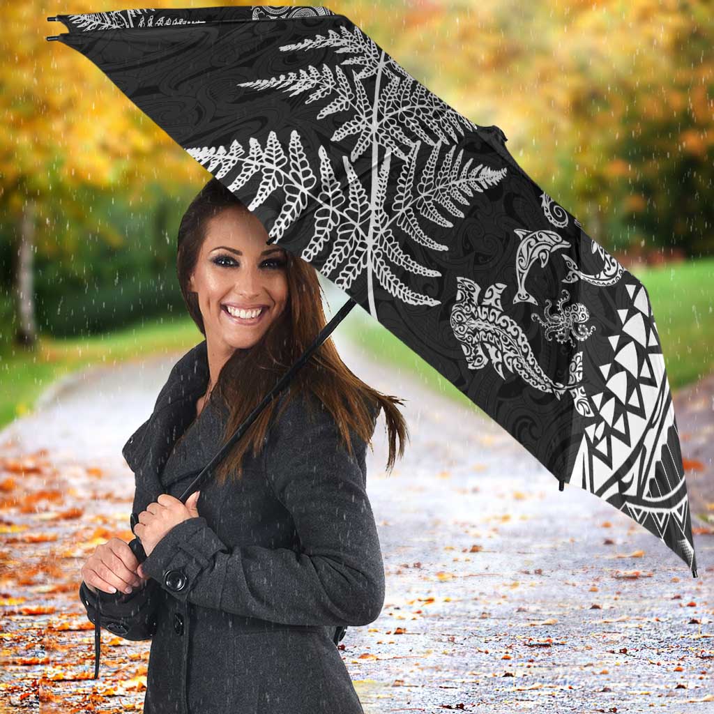 New Zealand Sea Animals Umbrella with Maori Koru Tribal Tattoo and Silver Ferns Black Color