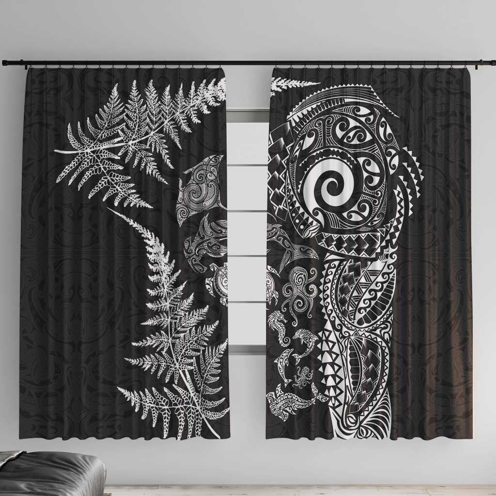 New Zealand Sea Animals Window Curtain with Maori Koru Tribal Tattoo and Silver Ferns Black Color