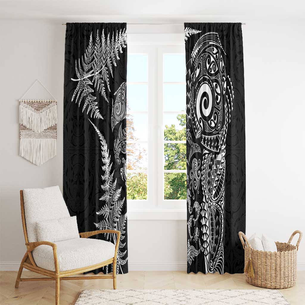 New Zealand Sea Animals Window Curtain with Maori Koru Tribal Tattoo and Silver Ferns Black Color