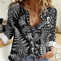 New Zealand Sea Animals Women Casual Shirt with Maori Koru Tribal Tattoo and Silver Ferns Black Color