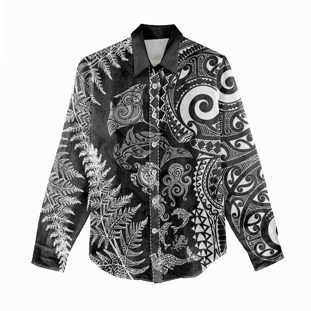 New Zealand Sea Animals Women Casual Shirt with Maori Koru Tribal Tattoo and Silver Ferns Black Color