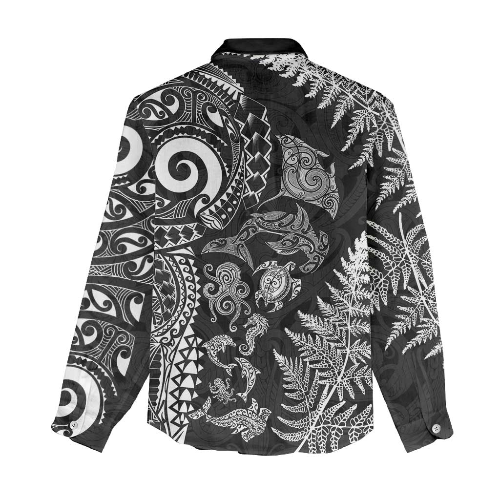 New Zealand Sea Animals Women Casual Shirt with Maori Koru Tribal Tattoo and Silver Ferns Black Color