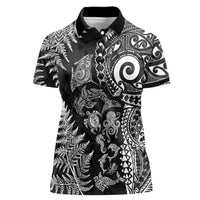 New Zealand Sea Animals Women Polo Shirt with Maori Koru Tribal Tattoo and Silver Ferns Black Color LT03 Female Black - Polynesian Pride