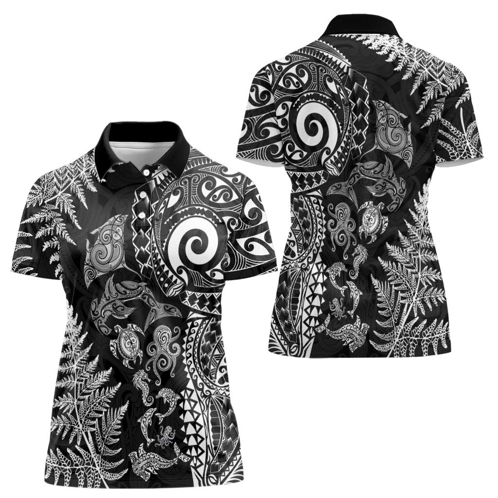 New Zealand Sea Animals Women Polo Shirt with Maori Koru Tribal Tattoo and Silver Ferns Black Color LT03 - Polynesian Pride