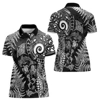 New Zealand Sea Animals Women Polo Shirt with Maori Koru Tribal Tattoo and Silver Ferns Black Color LT03 - Polynesian Pride