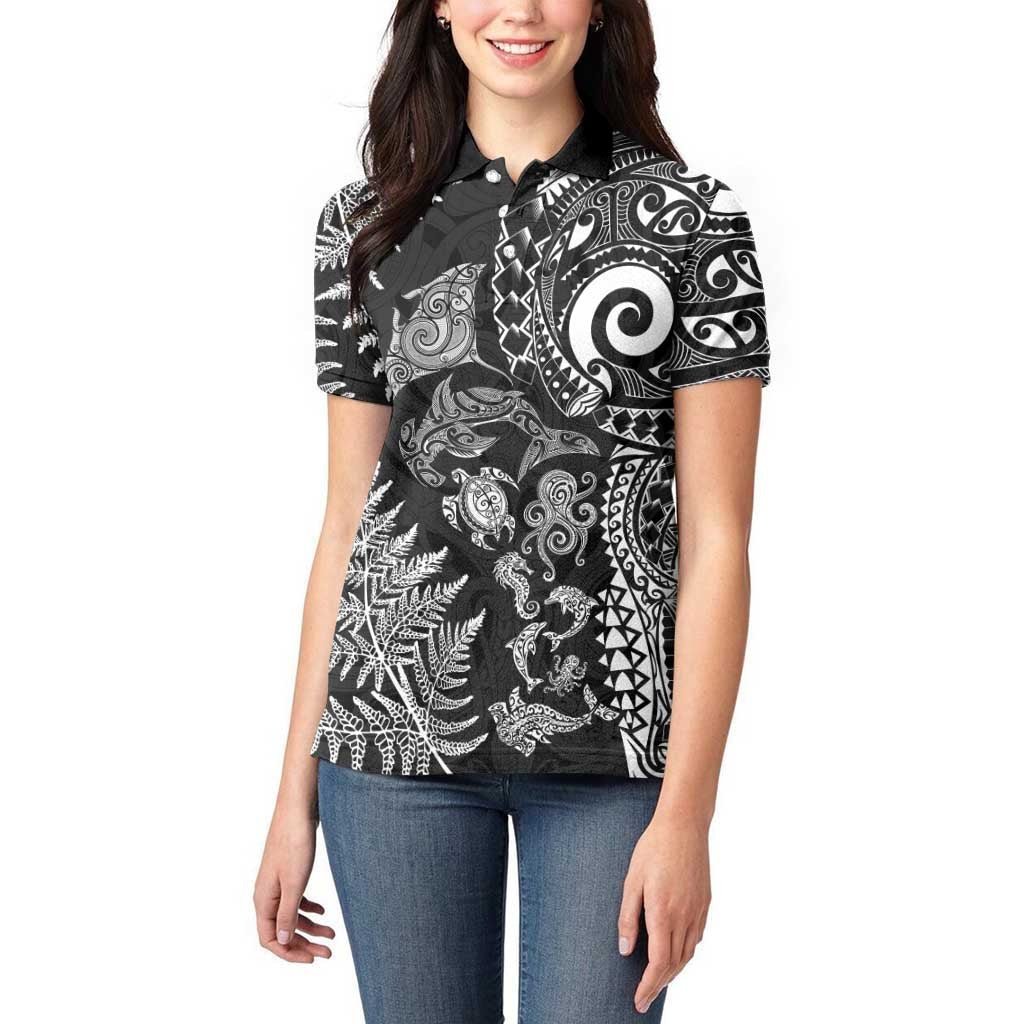 New Zealand Sea Animals Women Polo Shirt with Maori Koru Tribal Tattoo and Silver Ferns Black Color LT03 - Polynesian Pride