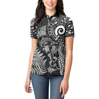 New Zealand Sea Animals Women Polo Shirt with Maori Koru Tribal Tattoo and Silver Ferns Black Color LT03 - Polynesian Pride