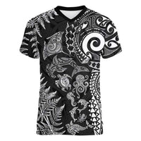 New Zealand Sea Animals Women V-Neck T-Shirt with Maori Koru Tribal Tattoo and Silver Ferns Black Color