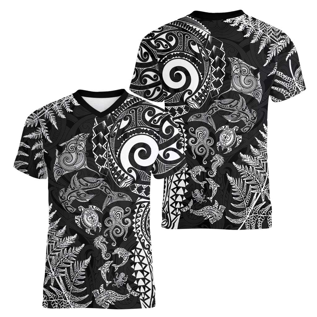 New Zealand Sea Animals Women V-Neck T-Shirt with Maori Koru Tribal Tattoo and Silver Ferns Black Color
