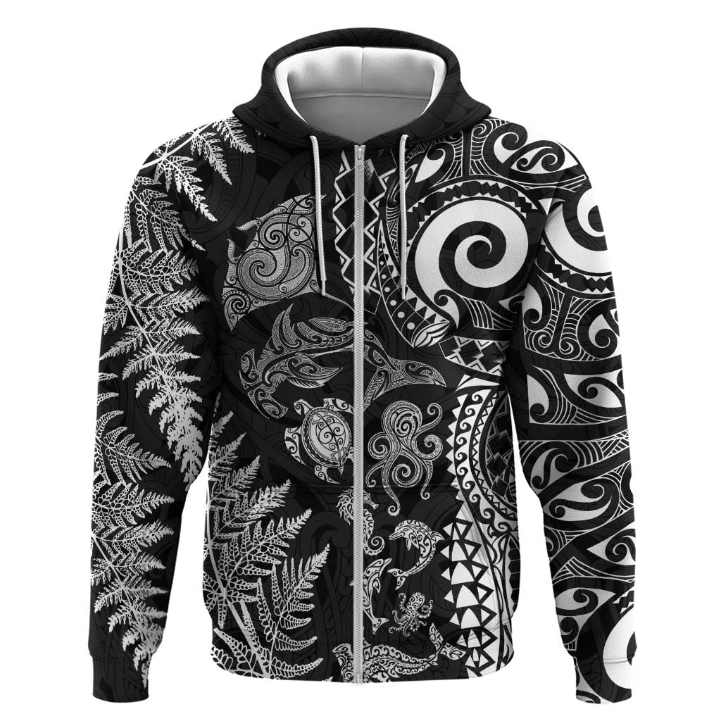 New Zealand Sea Animals Zip Hoodie with Maori Koru Tribal Tattoo and Silver Ferns Black Color