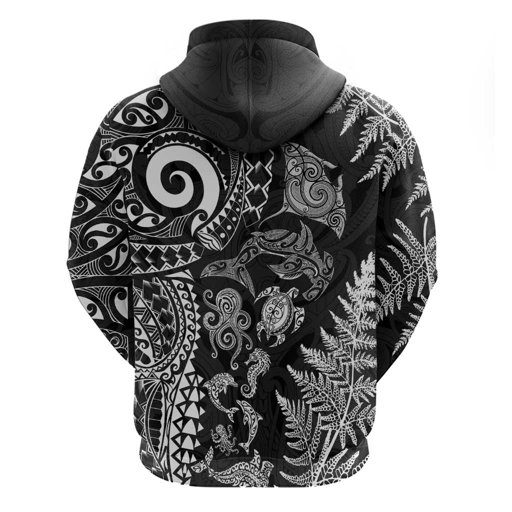 New Zealand Sea Animals Zip Hoodie with Maori Koru Tribal Tattoo and Silver Ferns Black Color