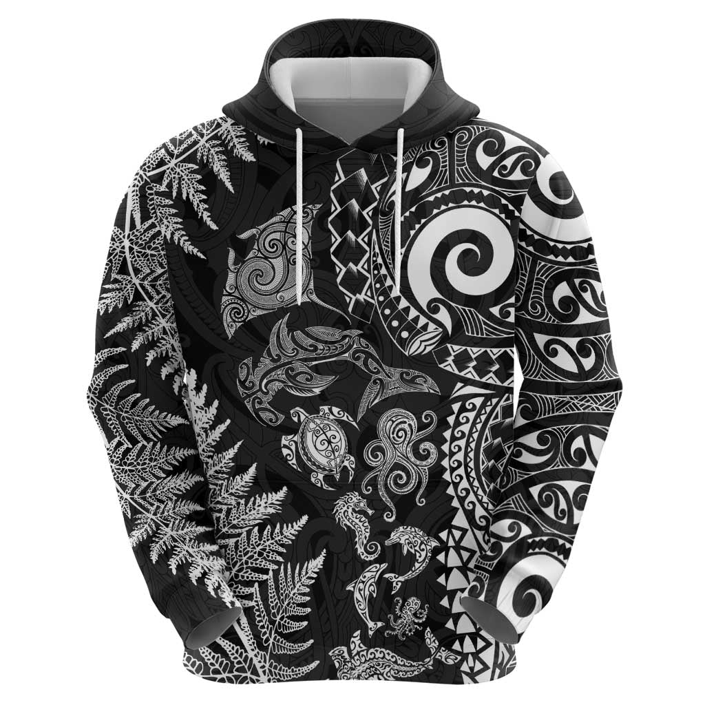 New Zealand Sea Animals Zip Hoodie with Maori Koru Tribal Tattoo and Silver Ferns Black Color