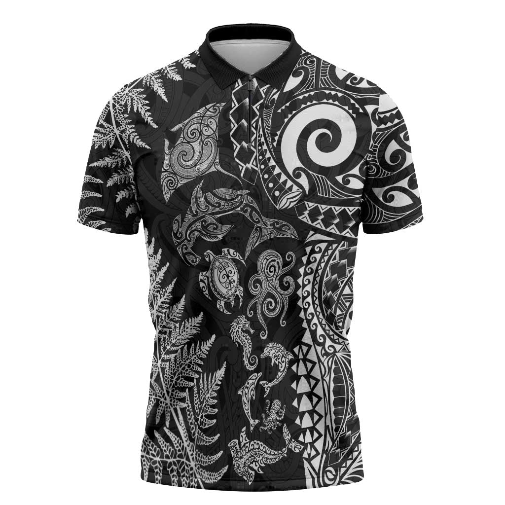 New Zealand Sea Animals Zipper Polo Shirt with Maori Koru Tribal Tattoo and Silver Ferns Black Color
