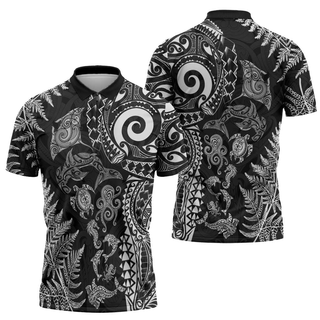 New Zealand Sea Animals Zipper Polo Shirt with Maori Koru Tribal Tattoo and Silver Ferns Black Color
