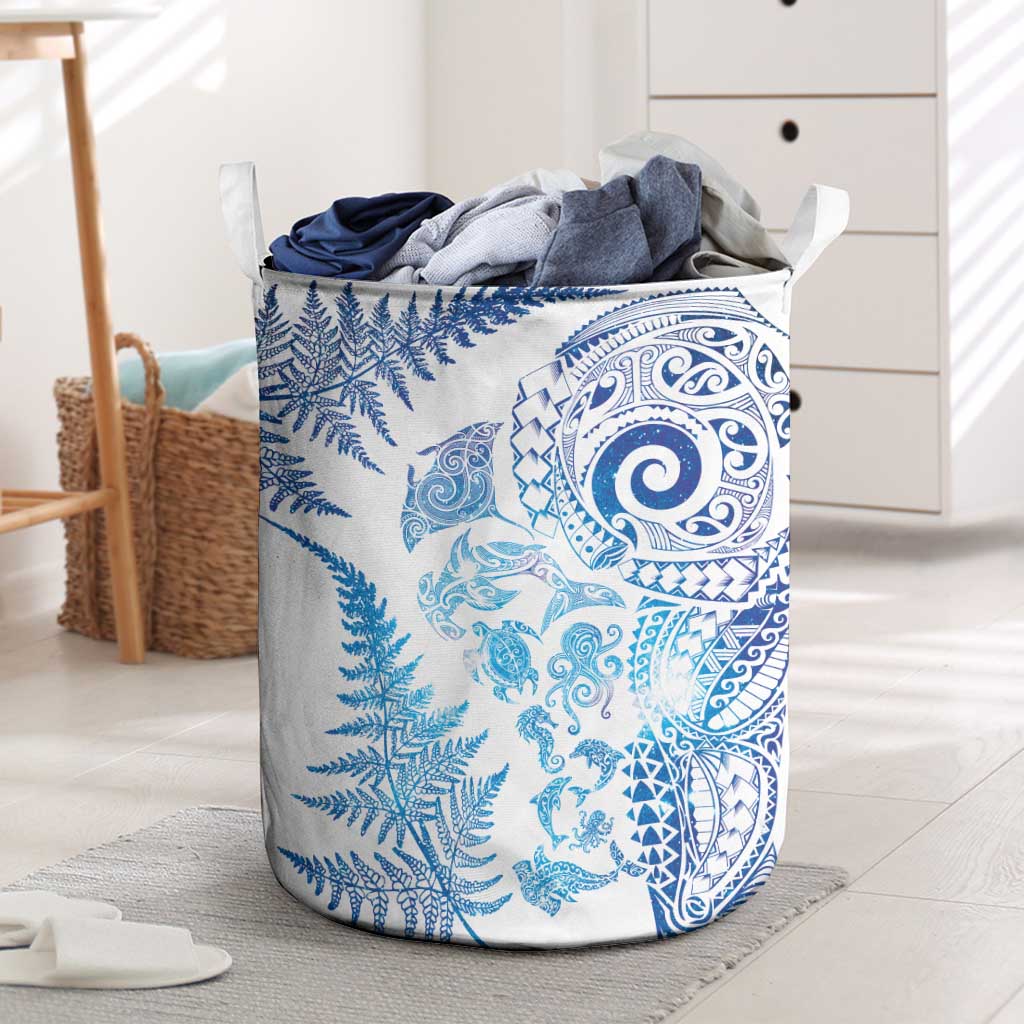 New Zealand Sea Animals Laundry Basket with Maori Koru Tribal Tattoo and Silver Ferns Galaxy Style