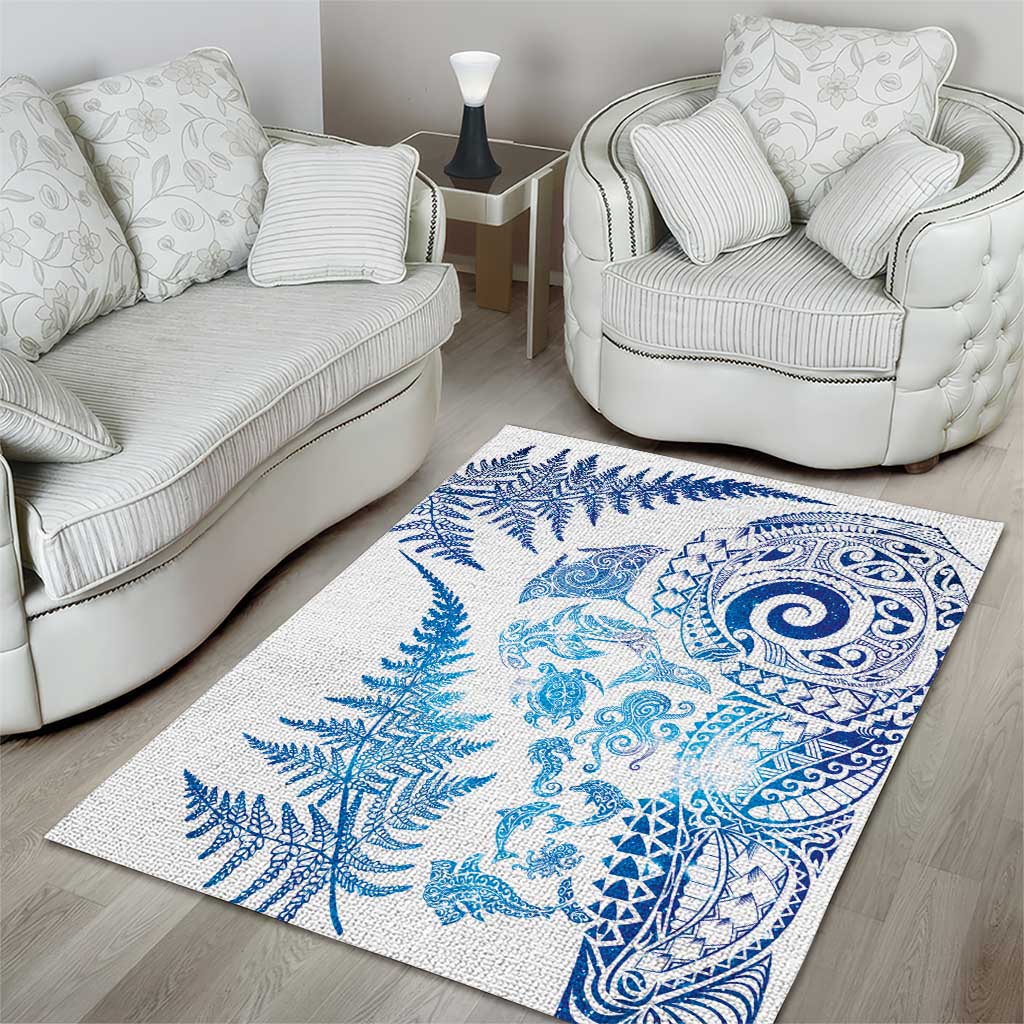 New Zealand Sea Animals Area Rug with Maori Koru Tribal Tattoo and Silver Ferns Galaxy Style