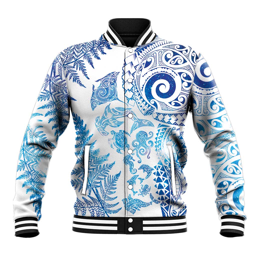 New Zealand Sea Animals Baseball Jacket with Maori Koru Tribal Tattoo and Silver Ferns Galaxy Style