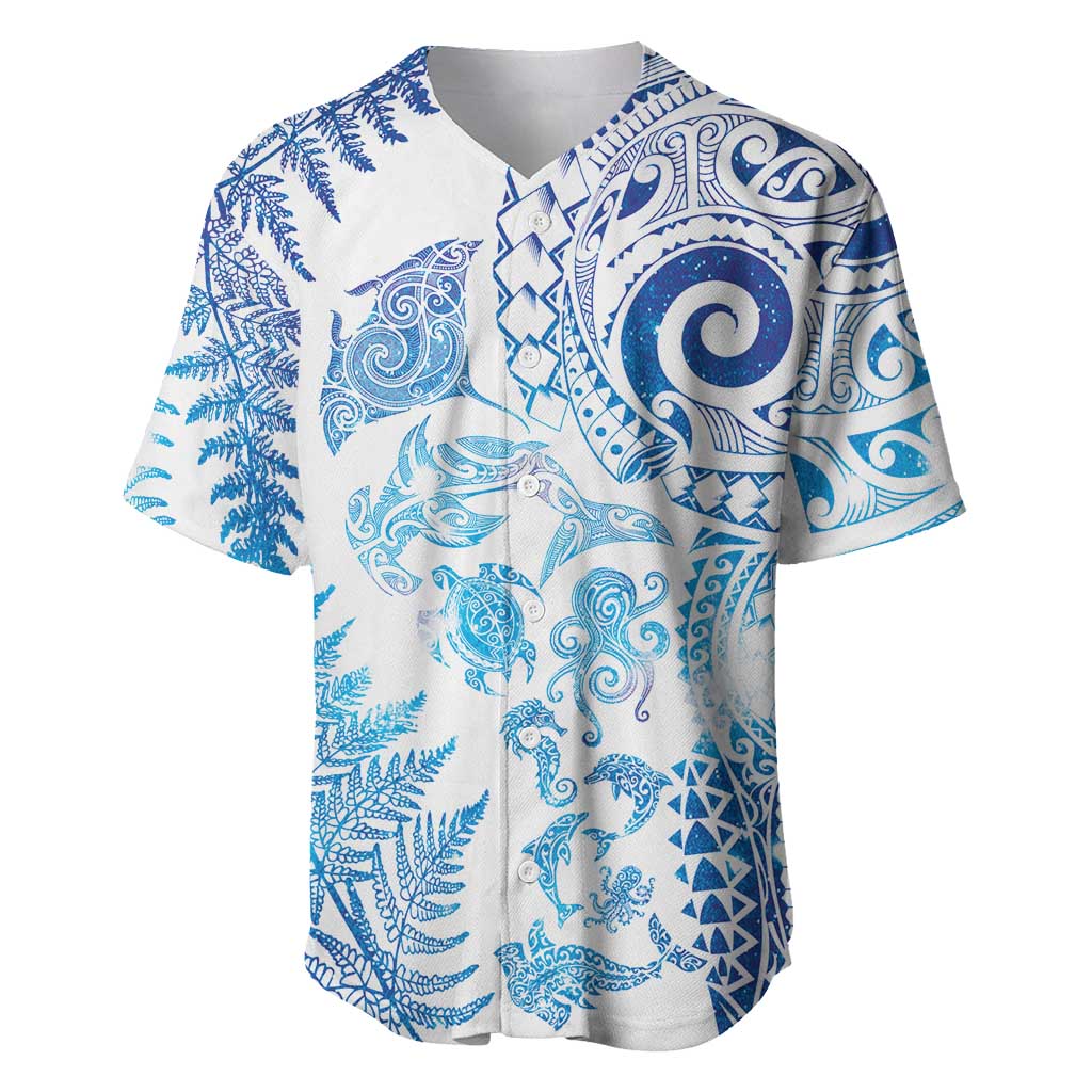 New Zealand Sea Animals Baseball Jersey with Maori Koru Tribal Tattoo and Silver Ferns Galaxy Style