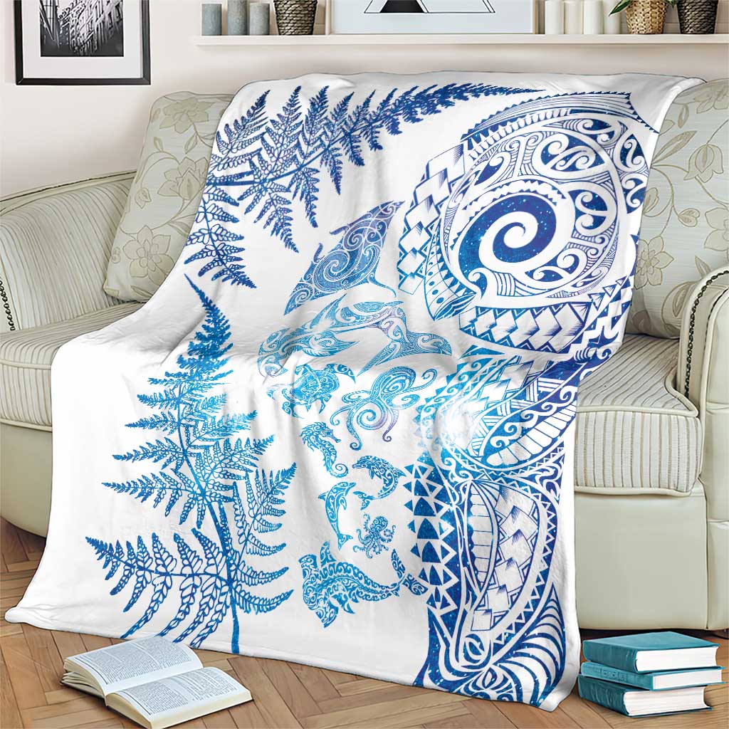 New Zealand Sea Animals Blanket with Maori Koru Tribal Tattoo and Silver Ferns Galaxy Style