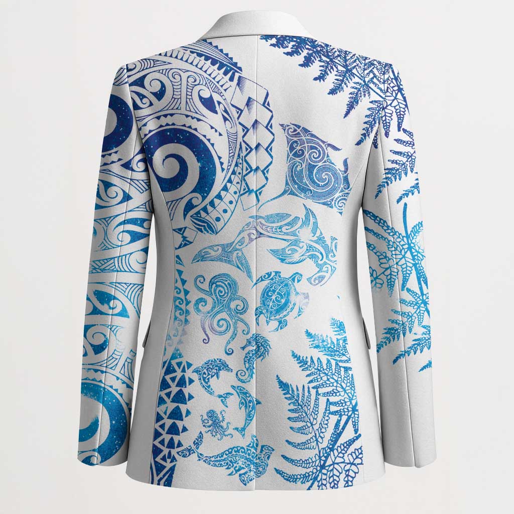 New Zealand Sea Animals Blazer with Maori Koru Tribal Tattoo and Silver Ferns Galaxy Style