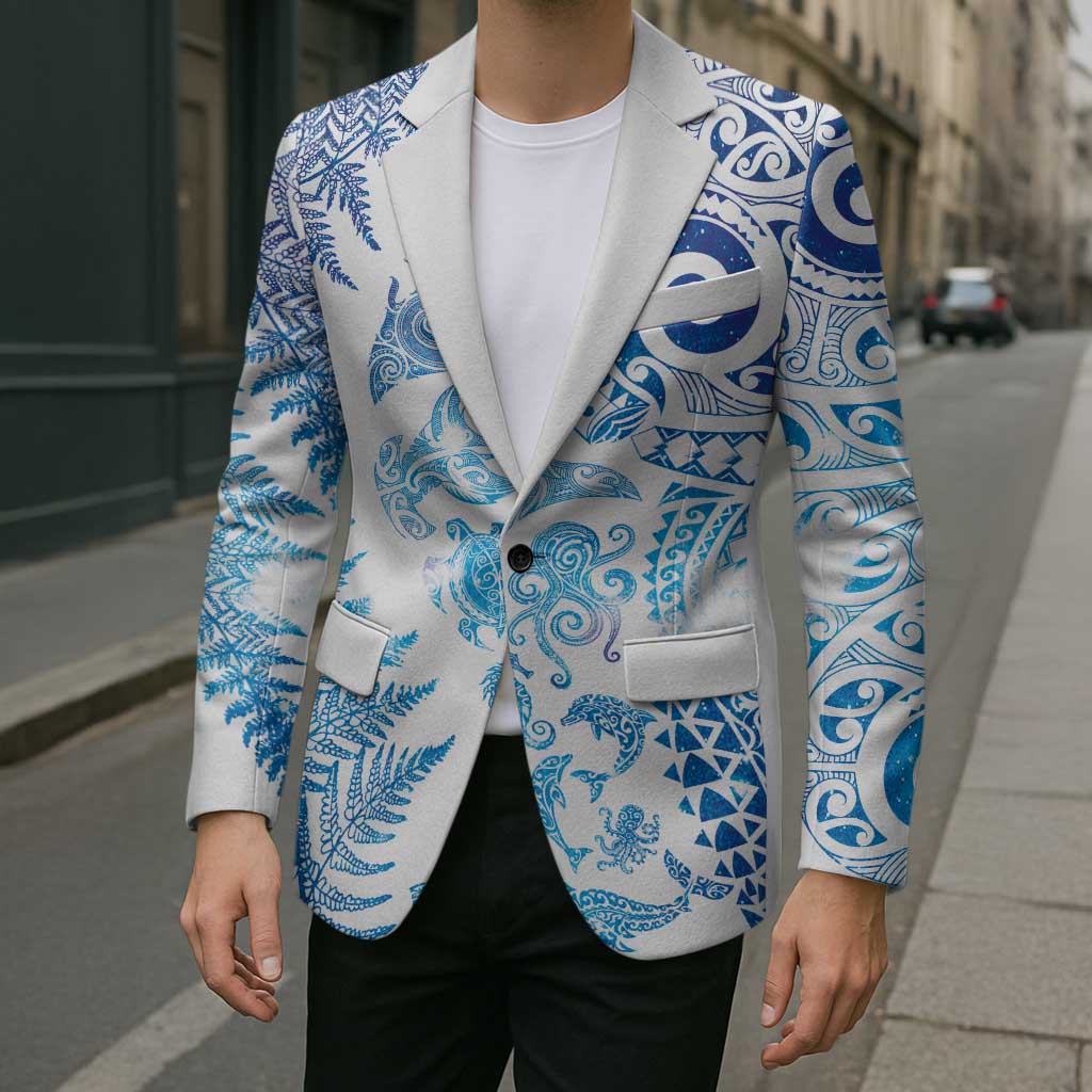 New Zealand Sea Animals Blazer with Maori Koru Tribal Tattoo and Silver Ferns Galaxy Style