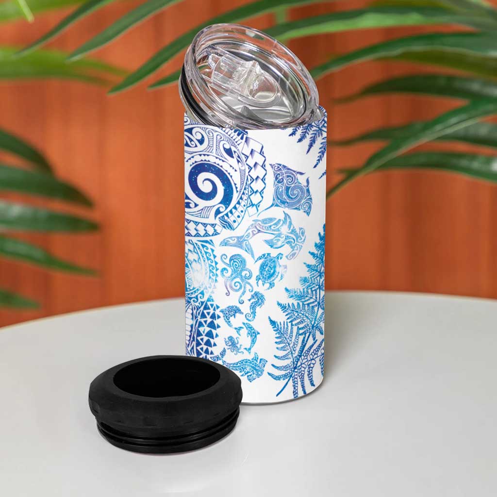New Zealand Sea Animals 4 in 1 Can Cooler Tumbler with Maori Koru Tribal Tattoo and Silver Ferns Galaxy Style
