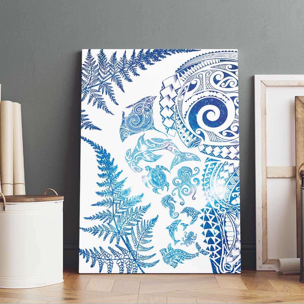 New Zealand Sea Animals Canvas Wall Art with Maori Koru Tribal Tattoo and Silver Ferns Galaxy Style LT03 - Polynesian Pride