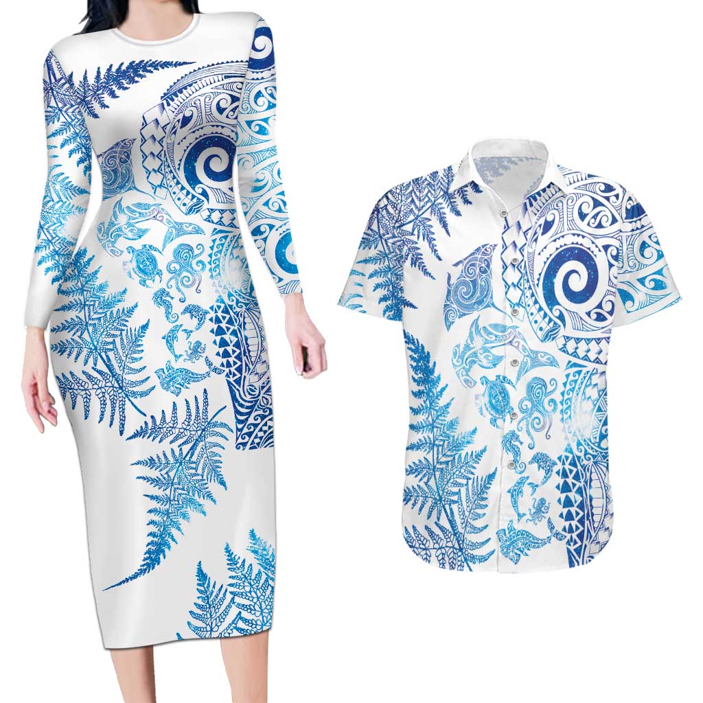 New Zealand Sea Animals Couples Matching Long Sleeve Bodycon Dress and Hawaiian Shirt with Maori Koru Tribal Tattoo and Silver Ferns Galaxy Style