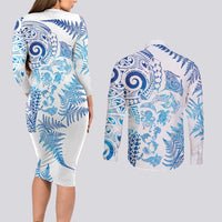 New Zealand Sea Animals Couples Matching Long Sleeve Bodycon Dress and Long Sleeve Button Shirt with Maori Koru Tribal Tattoo and Silver Ferns Galaxy Style