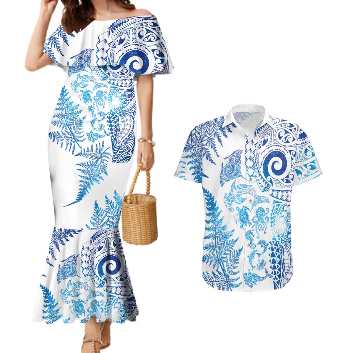 New Zealand Sea Animals Couples Matching Mermaid Dress and Hawaiian Shirt with Maori Koru Tribal Tattoo and Silver Ferns Galaxy Style LT03 Multicolor - Polynesian Pride