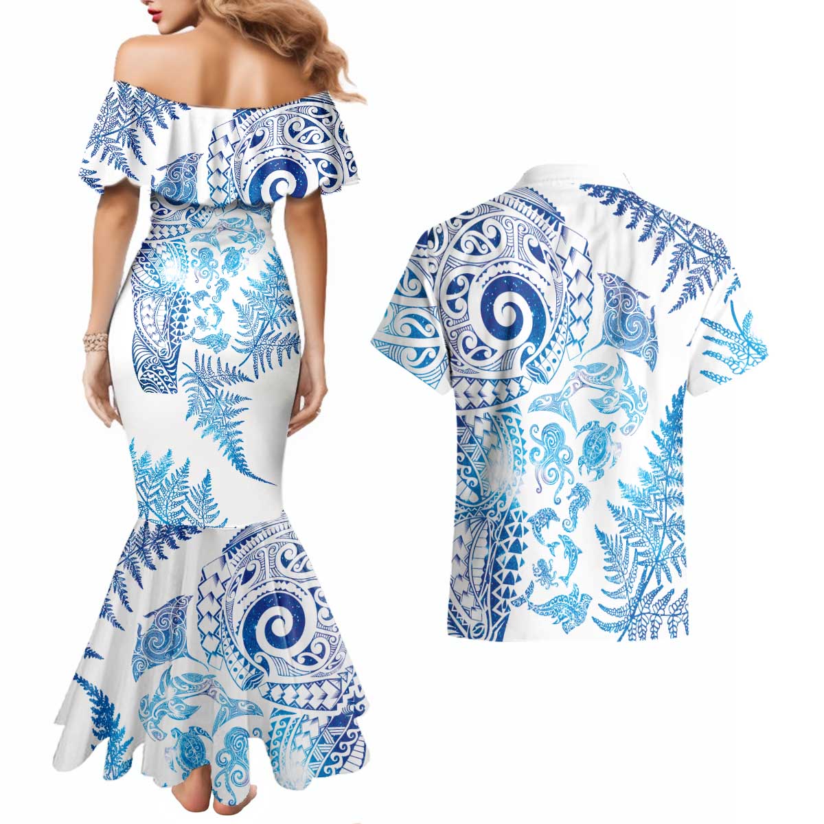 New Zealand Sea Animals Couples Matching Mermaid Dress and Hawaiian Shirt with Maori Koru Tribal Tattoo and Silver Ferns Galaxy Style LT03 - Polynesian Pride