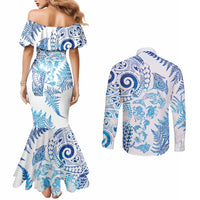 New Zealand Sea Animals Couples Matching Mermaid Dress and Long Sleeve Button Shirt with Maori Koru Tribal Tattoo and Silver Ferns Galaxy Style