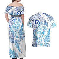 New Zealand Sea Animals Couples Matching Off Shoulder Maxi Dress and Hawaiian Shirt with Maori Koru Tribal Tattoo and Silver Ferns Galaxy Style