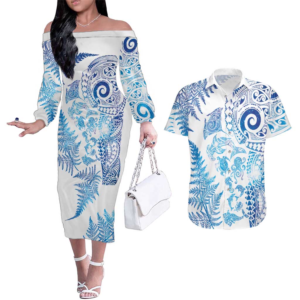 New Zealand Sea Animals Couples Matching Off The Shoulder Long Sleeve Dress and Hawaiian Shirt with Maori Koru Tribal Tattoo and Silver Ferns Galaxy Style LT03 Multicolor - Polynesian Pride
